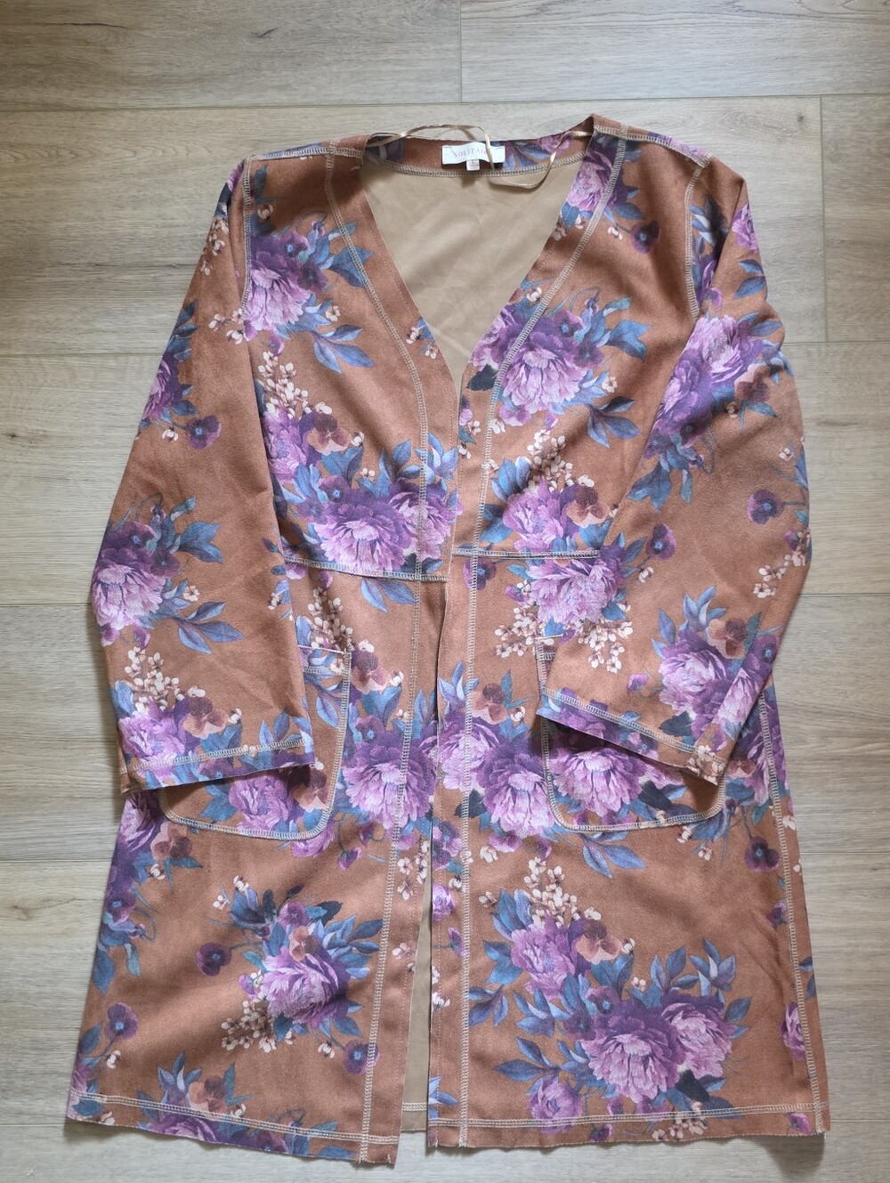 Solitaire by Ravi Khosla faux suede floral duster cardigan